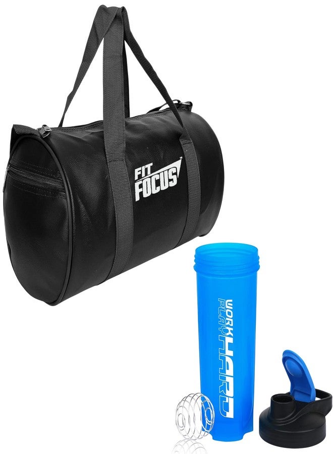 Fit Focus Gym Bag 20L Set with Protein Shaker Bottle 600ML, Black Duffel Bag and Shaker Bottle, Workout Accessories (Blue) - Image 1